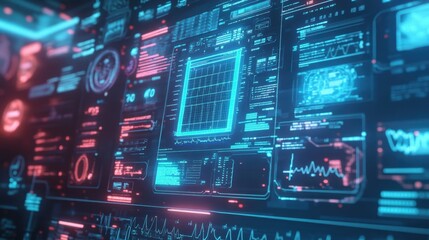 Obraz premium Futuristic digital medical records displayed on a glowing screen, symbolizing advanced healthcare technology.