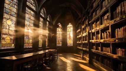 Fototapeta premium An old, dimly lit library with floating books, dust particles suspended in the air, and enchanted golden light streaming through stained glass windows.