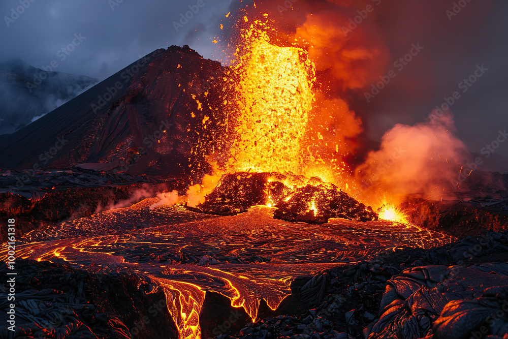 Wall mural generative ai on theme of erupting volcano with cascading hot lava surrounded thick white smoke