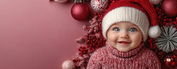 Fototapeta premium Top View Photo of Happy Baby Wearing Santa Claus Hat with Christmas Decorations on Pink Background, Banner with Copy Space