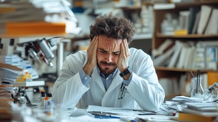 A stressed scientist grapples with overwhelming tasks in a cluttered laboratory, showcasing the pressures of scientific research.
