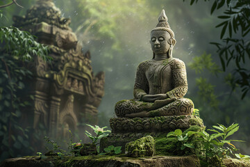 Fototapeta premium Beautiful greeting card with ancient statue great Buddha to bright holiday composition
