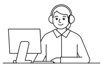 Customer Support Representative with Headset Working at Computer