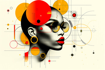 A woman with a red lip and sunglasses is the main focus of the image. The background is filled with circles and squares, creating a busy and colorful atmosphere. The woman's outfit