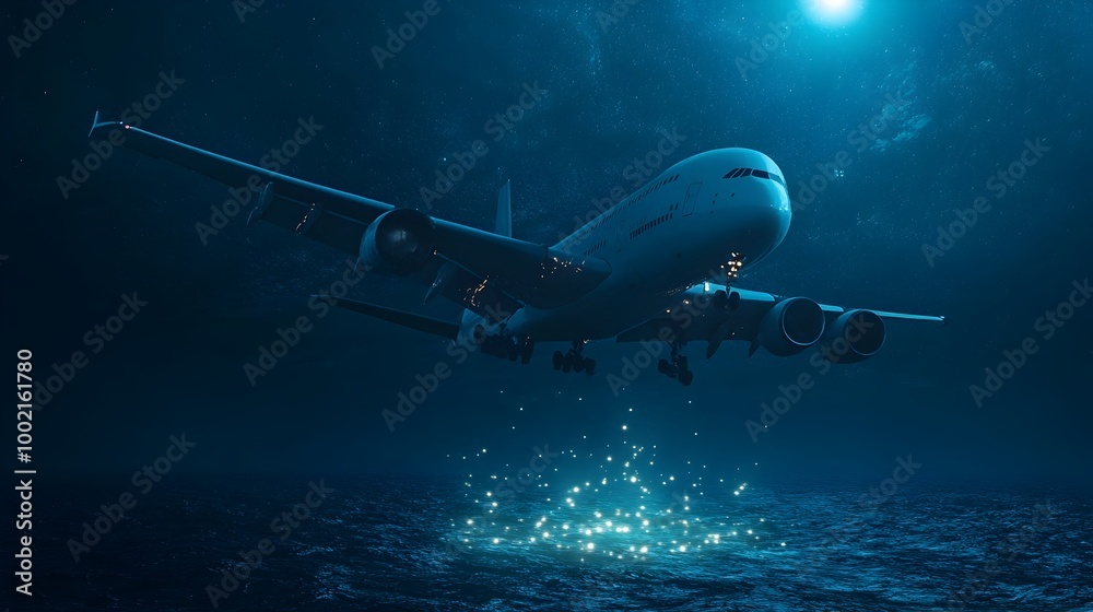 Poster A commercial aircraft flying high above the mysterious Bermuda Triangle revealing an extraordinary sight beneath the ocean s surface   a mesmerizing display of glowing