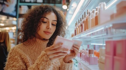 A young woman explores beauty products in a cosmetic store, examining items with curiosity and excitement for her next purchase.