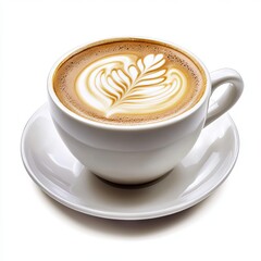 a cup of coffee with latte art isolated on white background.