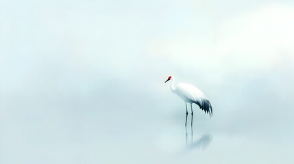 Obraz premium A delicate crane stands elegantly on one leg surrounded by soft sweeping brushstrokes of ethereal mist in a tranquil minimalist landscape