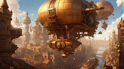 A bustling steampunk city filled with towering clockwork machines, airships floating overhead, and streets lined with gears and steam-powered contraptions, all bathed in warm golden light.