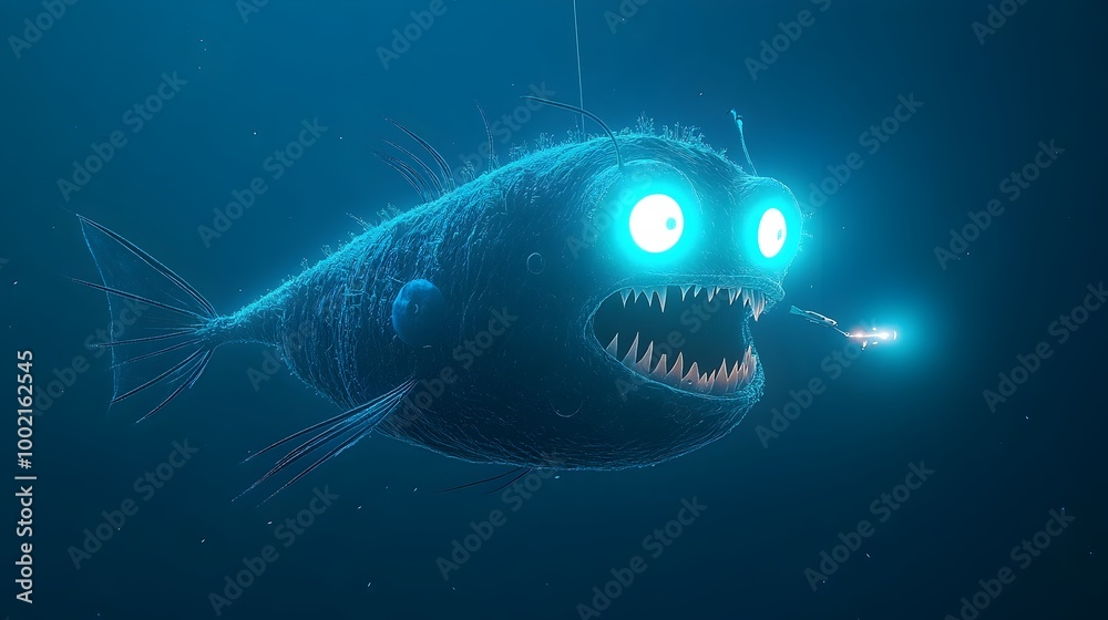 Poster a detailed and captivating view of a fierce black dragonfish with its sharp teeth and glowing underb