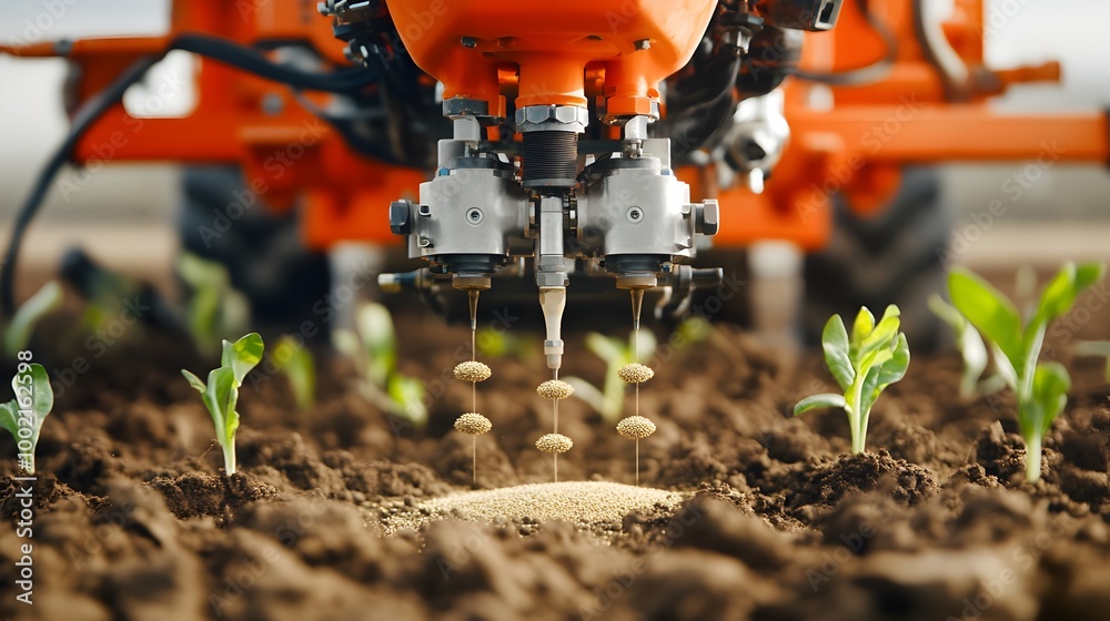 Poster a detailed close up shot showcasing the intricate mechanical components of a seed drill as it precis