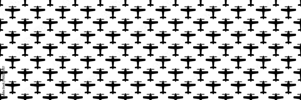 Poster horizontal seamless black propeller classic airplane design for pattern and background.