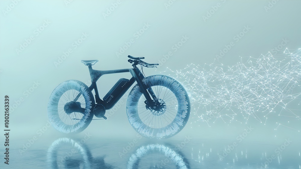 Aufkleber A futuristic bicycle gliding effortlessly through an atmospheric fog leaving a shimmering digital trail in its wake symbolizing innovation technology and the forward thinking future of transportation