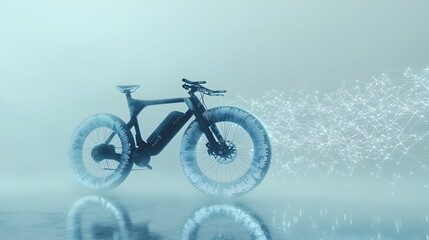 Fototapeta premium A futuristic bicycle gliding effortlessly through an atmospheric fog leaving a shimmering digital trail in its wake symbolizing innovation technology and the forward thinking future of transportation