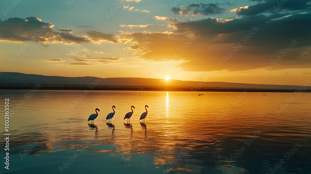 Wall mural Flamingos at Sunset: A Serene African Landscape