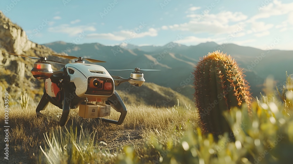 Poster a futuristic drone autonomously delivering a package to a remote cactus in a desert landscape showca