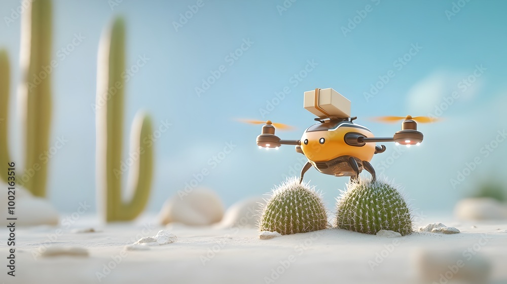 Poster a futuristic drone autonomously delivering a package to a remote cactus in the desert showcasing the