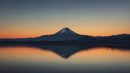 Fototapeta premium A lone mountain peak silhouetted against a gradient sunset sky, with minimal details and a clean horizon, evoking solitude and calm.