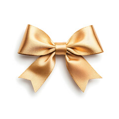Macro Shot of a Flawless Golden Gift Ribbon Bow on White Backdrop