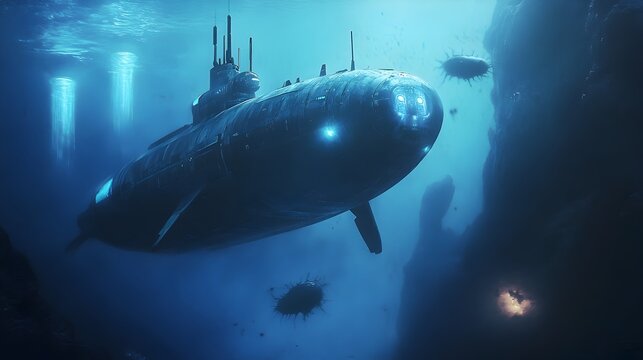 A futuristic submarine navigating the murky waters of the Bermuda Triangle with unidentified objects approaching the vessel creating an atmosphere of mystery and in the depths of the ocean