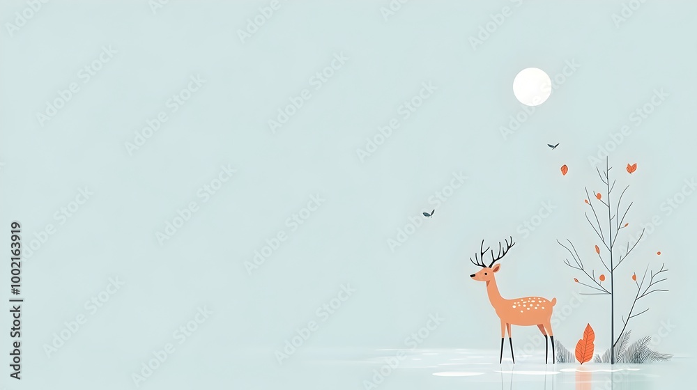 Aufkleber a graceful deer standing beside a tranquil stream surrounded by a minimalist landscape of lush folia