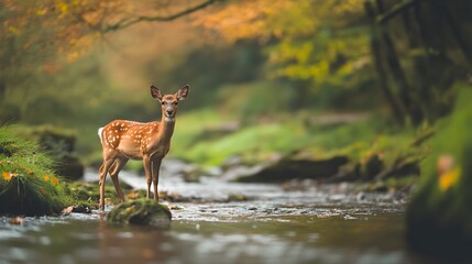A graceful and elegant deer stands by the edge of a calm serene stream with minimalist foliage and trees forming a peaceful natural backdrop  This tranquil