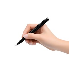 A macro shot of a perfect hand holding a pen and writing on a white background