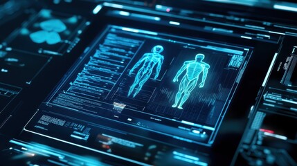 Obraz premium Futuristic medical technology showcasing electronic records on a high-tech interface, representing healthcare innovation.