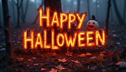 Halloween illustration of a glowing neon sign reading "Happy Halloween" with a dripping effect. The sign is set against a spooky forest background,