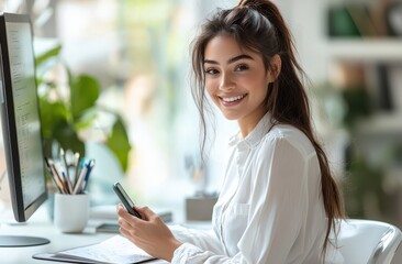 Fototapeta premium A beautiful woman in a white shirt sits in a modern office holding a smartphone with a friendly smile and natural lighting