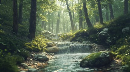 Obraz premium A cascading stream flows through a lush forest. Perfect for nature, tranquility, or environmental themes.