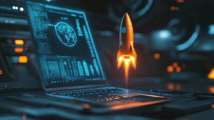 A futuristic rocket hovers above a laptop, illuminated by vibrant digital interfaces, symbolizing advanced technology and space exploration.
