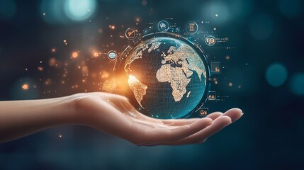 A hand delicately holds a glowing, digital globe, symbolizing global connectivity and technology in a futuristic setting.