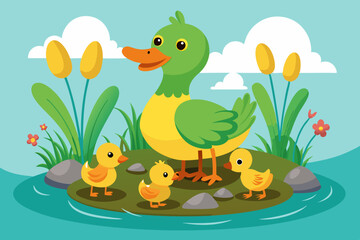 A large adult duck with a green head stands on a small grassy island, surrounded by three yellow ducklings. Two ducklings are swimming in the calm water, while one stands beside the adult. The backgro