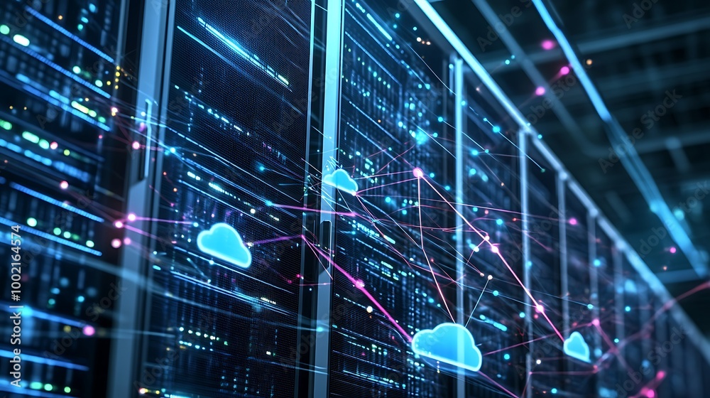 Poster rows of servers with glowing blue lights and cloud icons connected by lines.