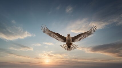 Fototapeta premium A single bird flying across a completely empty sky, its wings outstretched in a simple, graceful form, creating a sense of freedom and minimal beauty.