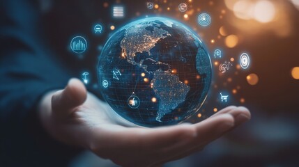 A futuristic hand holds a glowing globe, surrounded by digital icons representing technology, data, and global connectivity.
