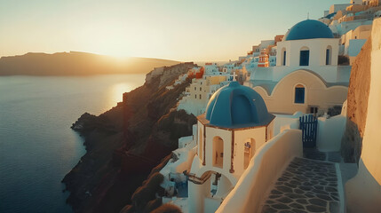 Fototapeta premium Sunset over the Whitewashed Buildings of Santorini