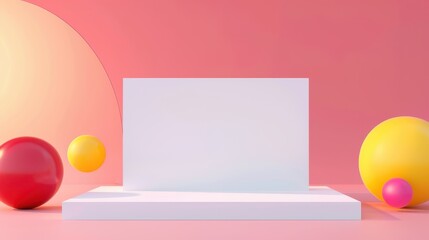 Minimalist 3D render featuring a white rectangular podium, complemented by a vibrant yellow and red ball, designed for showcasing products in a geometric arrangement.