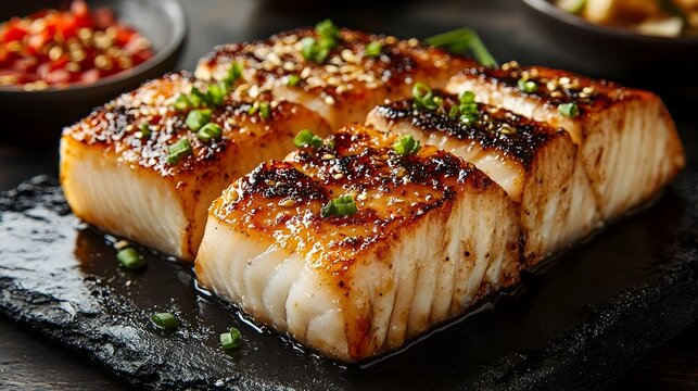 Melt in Mouth Sablefish Fillet Grilled to Perfection on Elegant Black Stone Plate