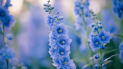 Beautiful blue delphinium flowers blooming in a lush garden during springtime, capturing the essence of nature's vibrant palette