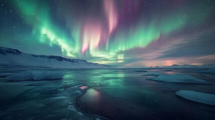 Naklejka premium Aurora Borealis Over Frozen Lake: A Breathtaking Night Sky Display