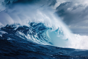 Generative ai on theme of a scary tsunami with huge foamy wave, apocalyptic dramatic background