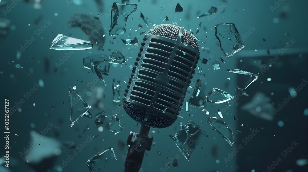Poster A microphone surrounded by sharply detailed shards of broken glass suspended in a state of mid air levitation creating a captivating and experimental visual display