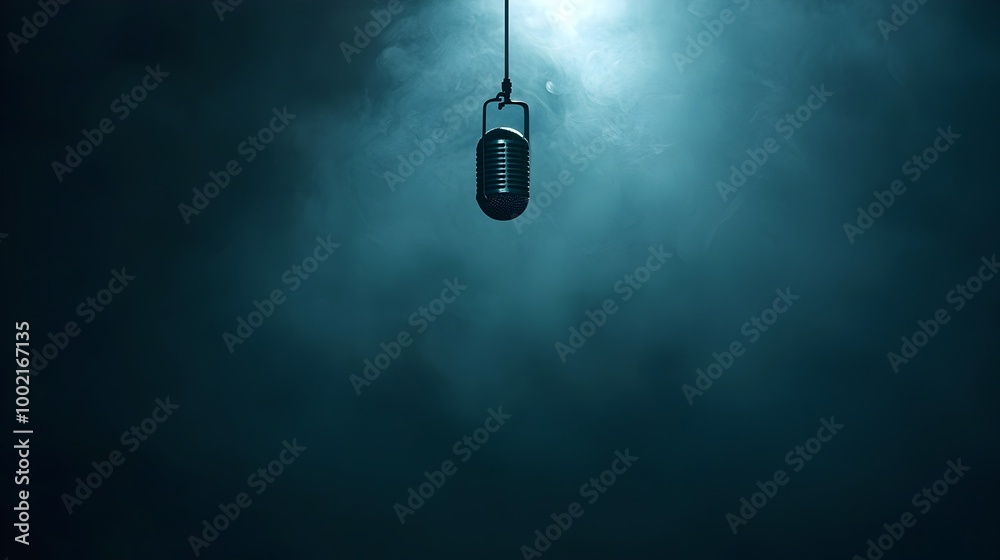 Aufkleber a microphone suspended from a thin wire in a dark misty environment with beams of light shining thro