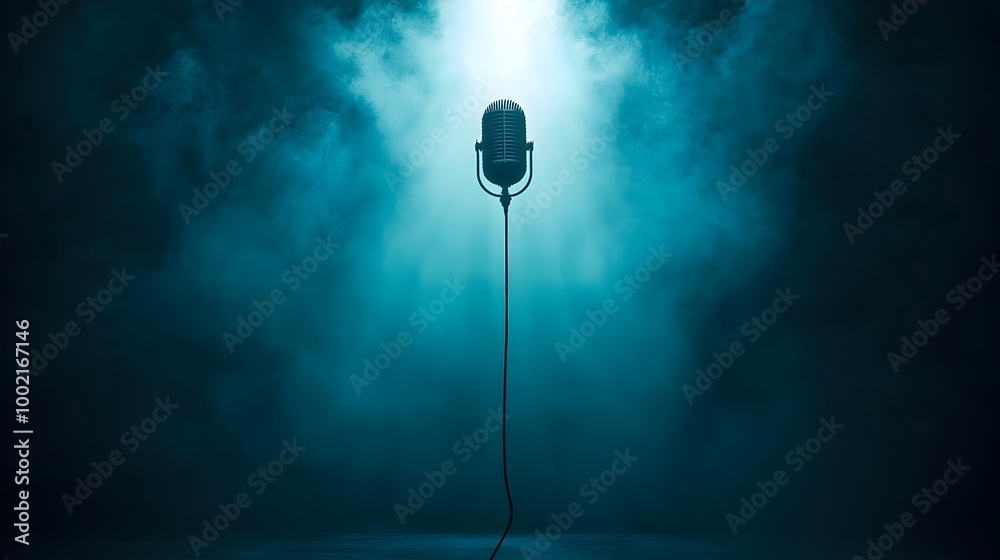 Poster A minimalist and image showcasing a microphone suspended from a thin wire in a dark misty environment with dramatic beams of light shining through the atmospheric setting