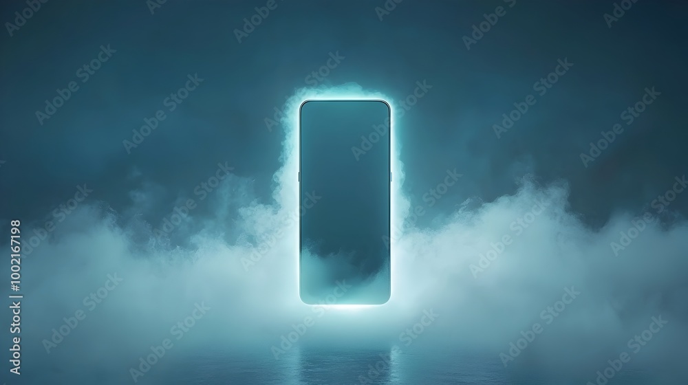 Leinwandbilder A minimalist modern smartphone standing upright its sleek form glowing softly and enveloped in a captivating veil of mist and fog creating an ethereal