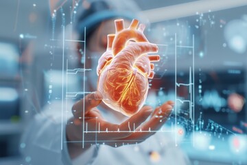 Virtual Health Assessment, doctor analyzing patient heart functions and blood vessels using advanced medical technology, focused on diagnosing heart disorders and cardiovascular diseases.