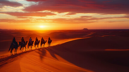 Camel Caravan at Sunset in the Sahara Desert