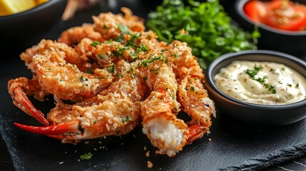 Fototapeta premium Crispy Soft Shell Crab Dish Served on Elegant Black Plate with Tangy Remoulade Sauce